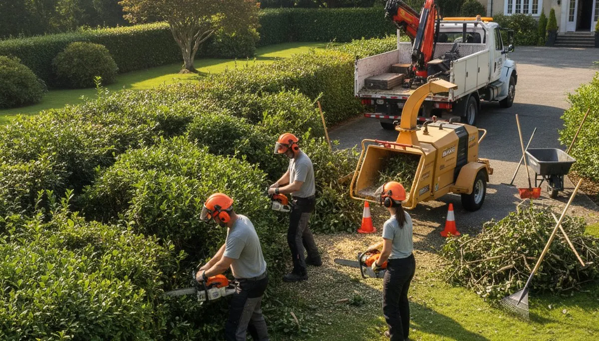 Arbor Tree Care crew removing overgrown shrubs in Staten Island, NY