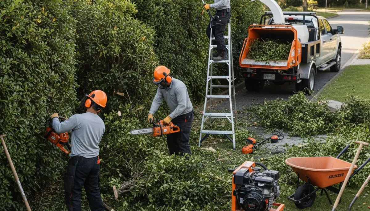 Shrub removal crew clearing overgrown shrubs in Staten Island, NY for a residential property