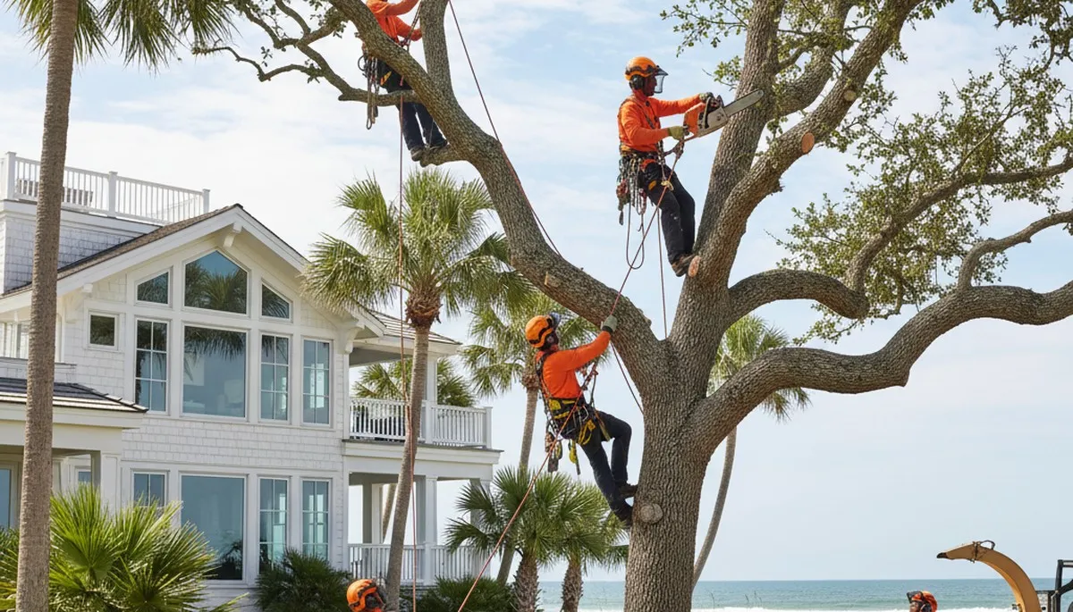 Tree service crew in Staten Island, NY trimming and removing trees for a local property